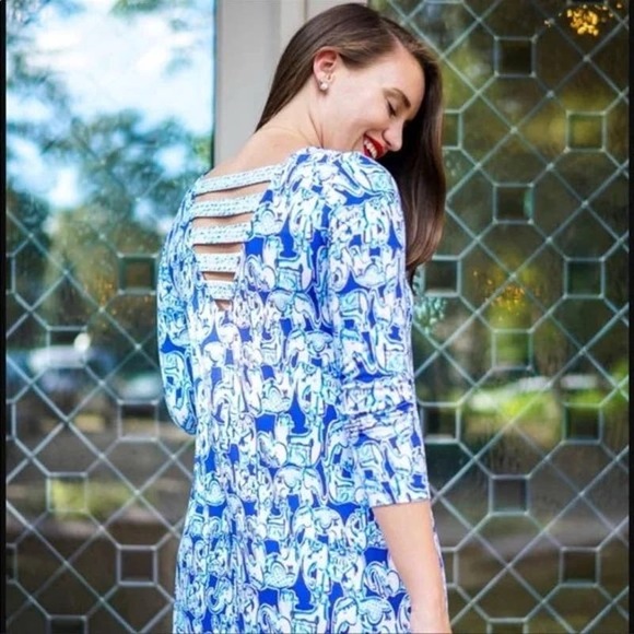 Lilly Pulitzer Ophelia Dress Bomber Blue Get Trunky Engeneered Print Size Medium - Picture 2 of 10